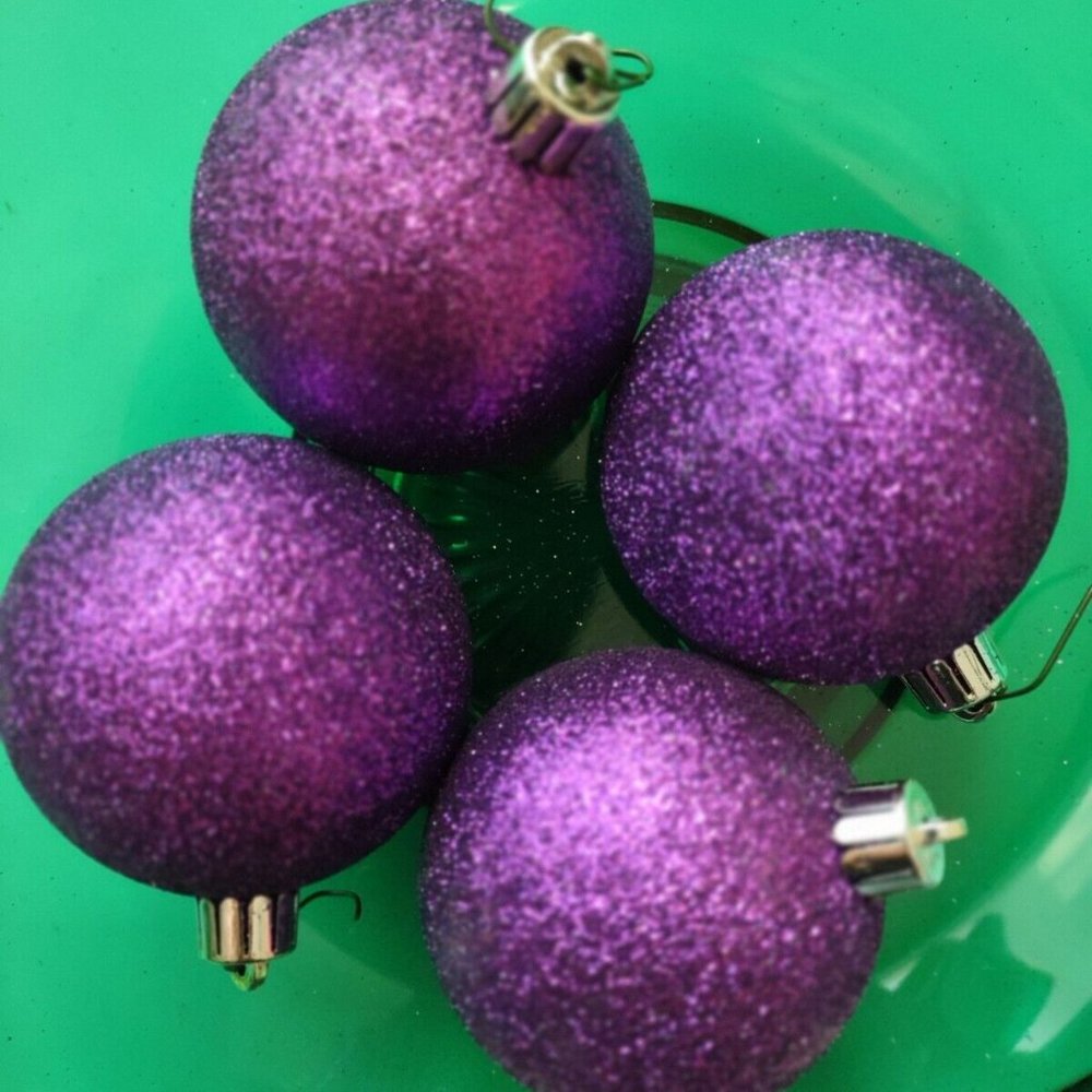 Purple Glitter Shatterproof Christmas Ornaments 3" Diameter - Set of Four